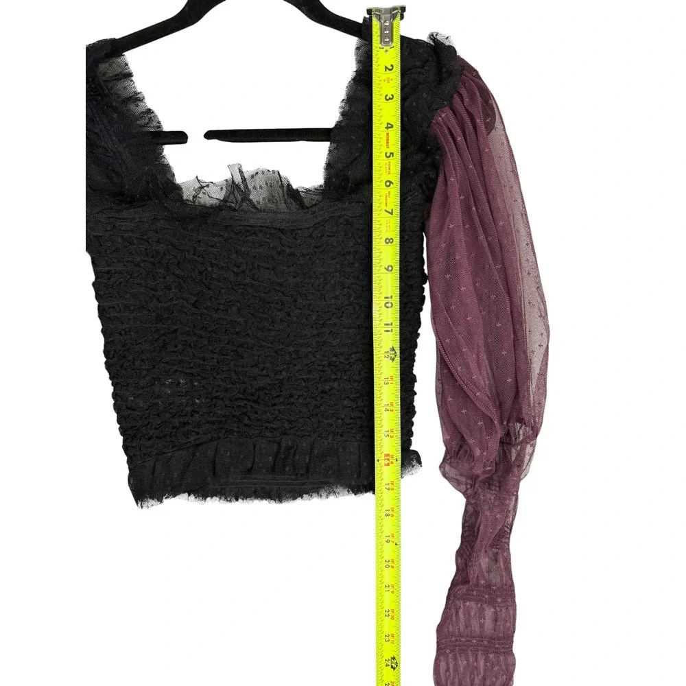 Free People Smocked Lace Crop Top Black Plum Purple Star Mesh Long Sleeve XS